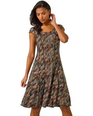Roman Abstract Print Panelled Stretch Midi Dress - Brown