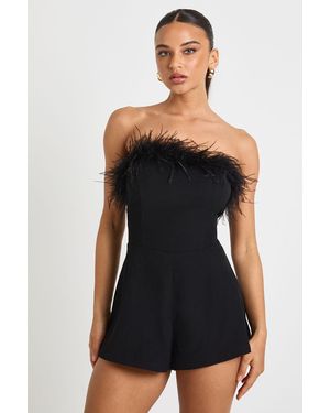 Boohoo Feather Trim Flippy Playsuit - Black