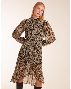Blue Vanilla Leopard Print High Neck Wrap Frill Hem Midi Dress - Brown