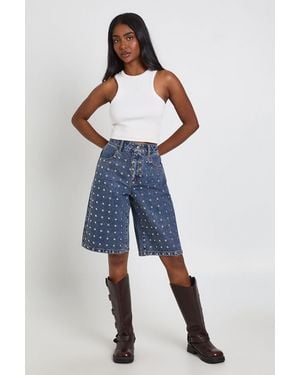 Boohoo Mid Rise Studded Denim Jort - Blue