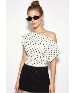 Bianco Lucci Off-Shoulder Polka Dot Crop Blouse - White