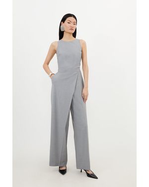 Karen Millen Tailored Wool Blend Wide Leg Wrap Detail Jumpsuit - White