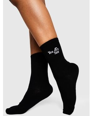 Boohoo Western Embroidered Sports Socks 2 Pack - Black