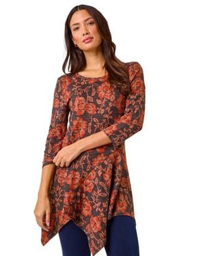 Roman Floral Print Hanky Hem Tunic Top - Red