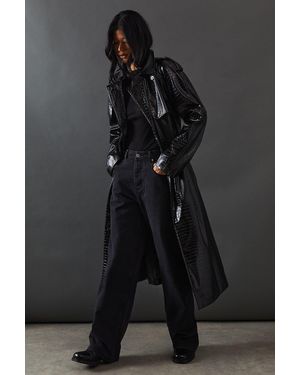 Warehouse Croc Faux Leather Belted Trench Coat - Black