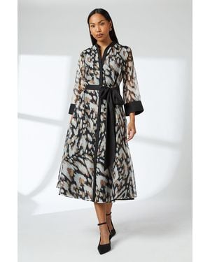 PRINCIPLES Belted Contrast Detail Collarless Shirt Dress - White