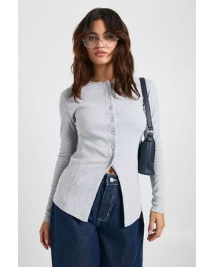Boohoo Ribbed Longline Popper Front Top - White