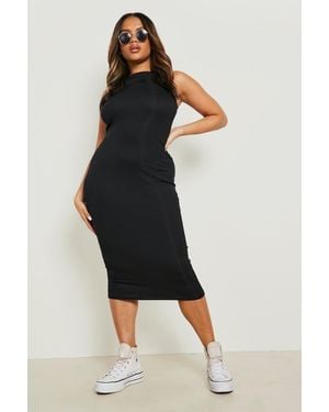 Boohoo Plus Rib Racer Front Midi Bodycon Dress - Black