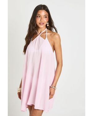 Boohoo Cheesecloth Halter Mini Beach Dress - Pink
