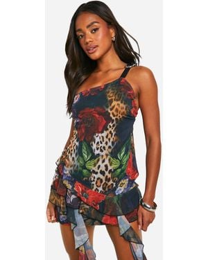 Boohoo Chiffon Animal Floral Belt Trim Mini Dress - White
