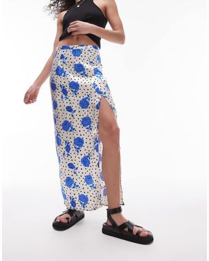 TOPSHOP Floral Rose Bias Split Midi Skirt - Blue