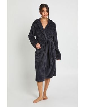 Boohoo Ribbed Fleece Hooded Long Dressing Gown - Blue