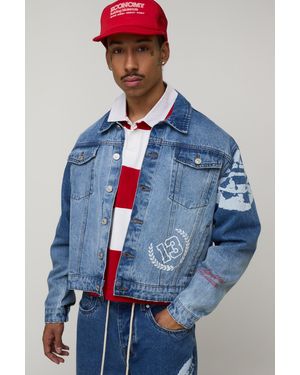 BoohooMAN Oversized Fit Varsity Denim Jacket - Blue