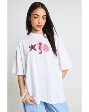 Boohoo Shell Print Oversized T-Shirt - White