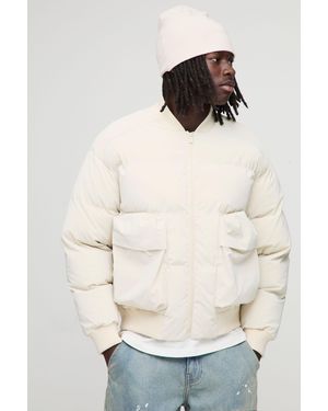 BoohooMAN Regular Fit Padded Pocket Bomber Jacket - Natural
