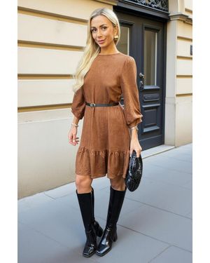AX Paris Faux Suede 3/4 Sleeve Frill Hem Belted Mini Dress - Natural