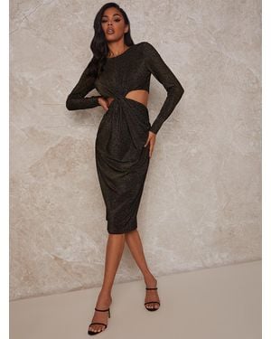 Chi Chi London Petite Long Sleeve Cut Out Party Midi Dress - Brown