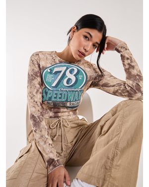 Pink Vanilla Racer Washed Printed Long Sleeve Top - Brown