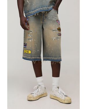 BoohooMAN Washed Moto Badge Longline Jorts - Blue
