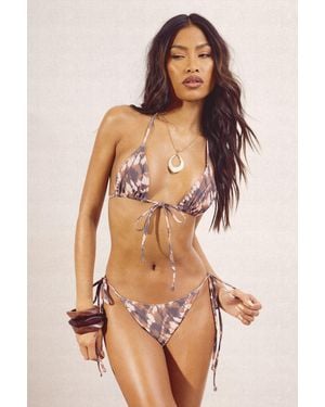 Boohoo Tie Dye Print Bead Trim Triangle Bikini Top And Tie Side Bottom - Natural