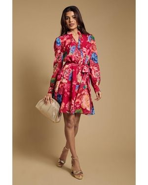 Oasis Petite Printed Chiffon Button Up Belted Waist Mini Dress - Red