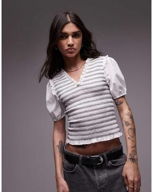 TOPSHOP V Neck Puff Sleeve Shirred Top - Grey