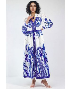 Msn-Collection V-Neck Paisley Maxi Dress With Slit - Blue