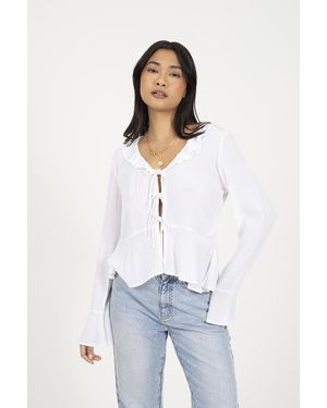 Brave Soul Bell Sleeve Frill Tie Front Blouse - White