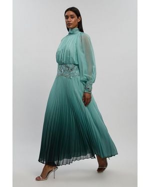 Karen Millen Ombre Crinkle Georgette Embellished Pleat Detail Midi Dress - Green