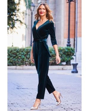 Sosandar Petite Emerald Velvet Zip Detail Wrap Jumpsuit - Blue