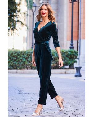Sosandar Petite Emerald Velvet Zip Detail Wrap Jumpsuit - Blue