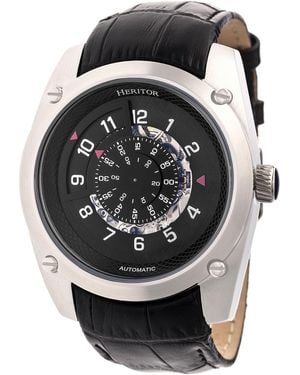 Heritor Daniels Semi-Skeleton Leather-Band Watch - Black