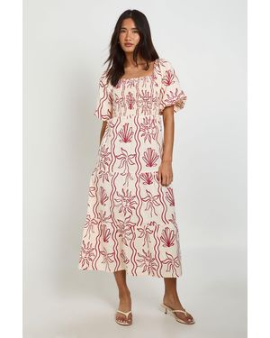 Boohoo Shell Print Linen Look Volume Sleeve Tiered Midaxi Dress - Pink