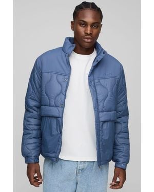 BoohooMAN Regular Fit Onion Quilted Panel Funnel Neck Jacket - Blue