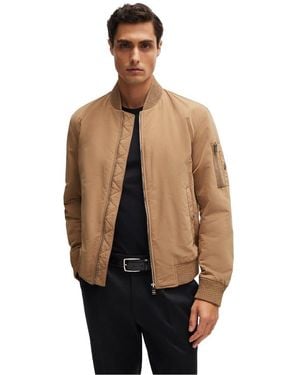 BOSS Solid Patterned Snap Button Bomber Jacket With Ribbed Cuff - Natural