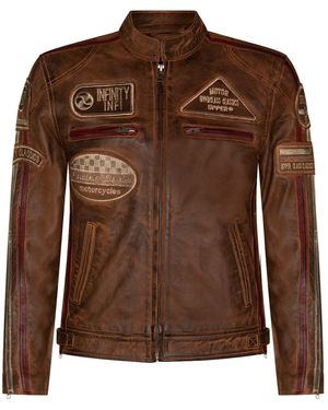 Infinity Leather Zipped Racing Biker Moto Jacket - Brown