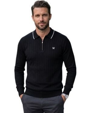 Cappuccino Italia Polo Shirts Ribbed Knit Tipped Long Sleeve 1/4 Golf Tee - Black
