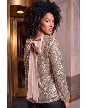 Roman Sequin Satin Bow Back Top - Brown