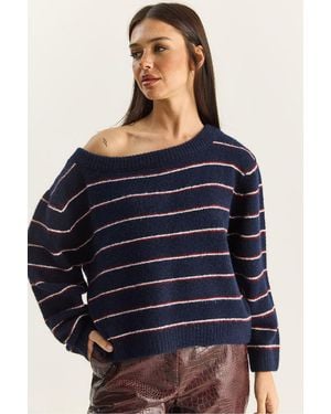 Bianco Lucci Oversized Striped Knit Jumper With Asymmetrical Collar - Blue