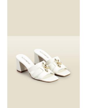 Sosandar Leia Leather Block Heel Chain Detail Mules - White