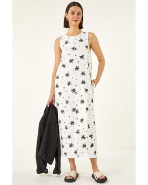 Roman Cotton Palm Print Pocket Midi Dress - White