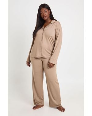 Boohoo Plus Soft Touch Button Through Shirt And Trouser Pyjama Set - Natural