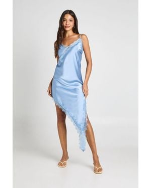 Boohoo Satin & Lace Asymmetric Slip Dress - Blue