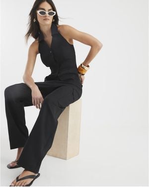 River Island Wide Leg Trousers Linen Blend Cargo - Black