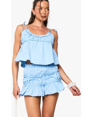 Boohoo Cotton Poplin Ruched Mini Skirt - Blue