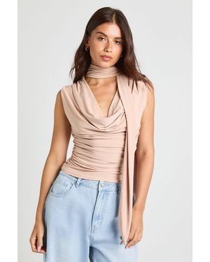 Boohoo Ruched Cowl Scarf Detail Top - Blue