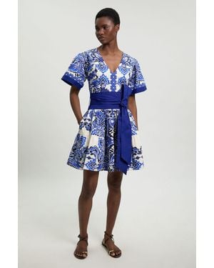 Karen Millen Petite Tile Print Cotton Poplin Mini Dress - Blue