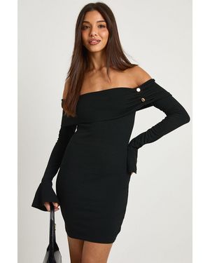 Boohoo Rib Button Detail Bardot Mini Dress - Black