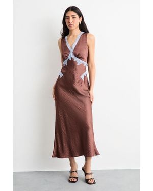 Warehouse Lace Embroidered Insert Midi Bias Dress - Brown