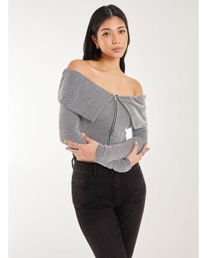 Pink Vanilla Fold Over Zip Bardot Top - Grey